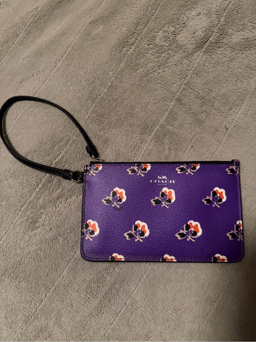Coach Purple Floral Wristlet with Black Strap